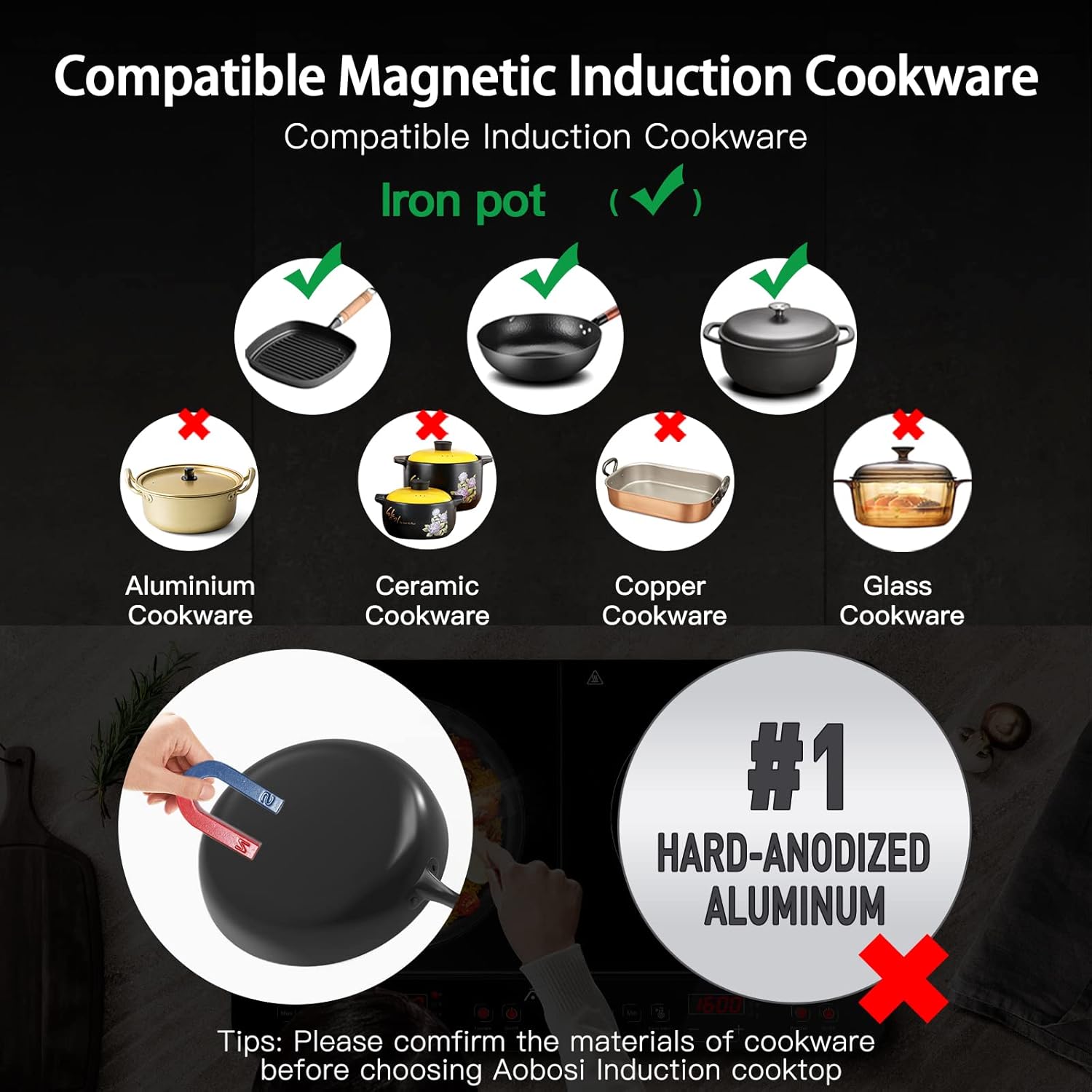 Aobosi Double Induction Cooktop Burner with 240 Mins Timer, 1800w 2 Induction Burner with 10 Temperature 9 Power Settings