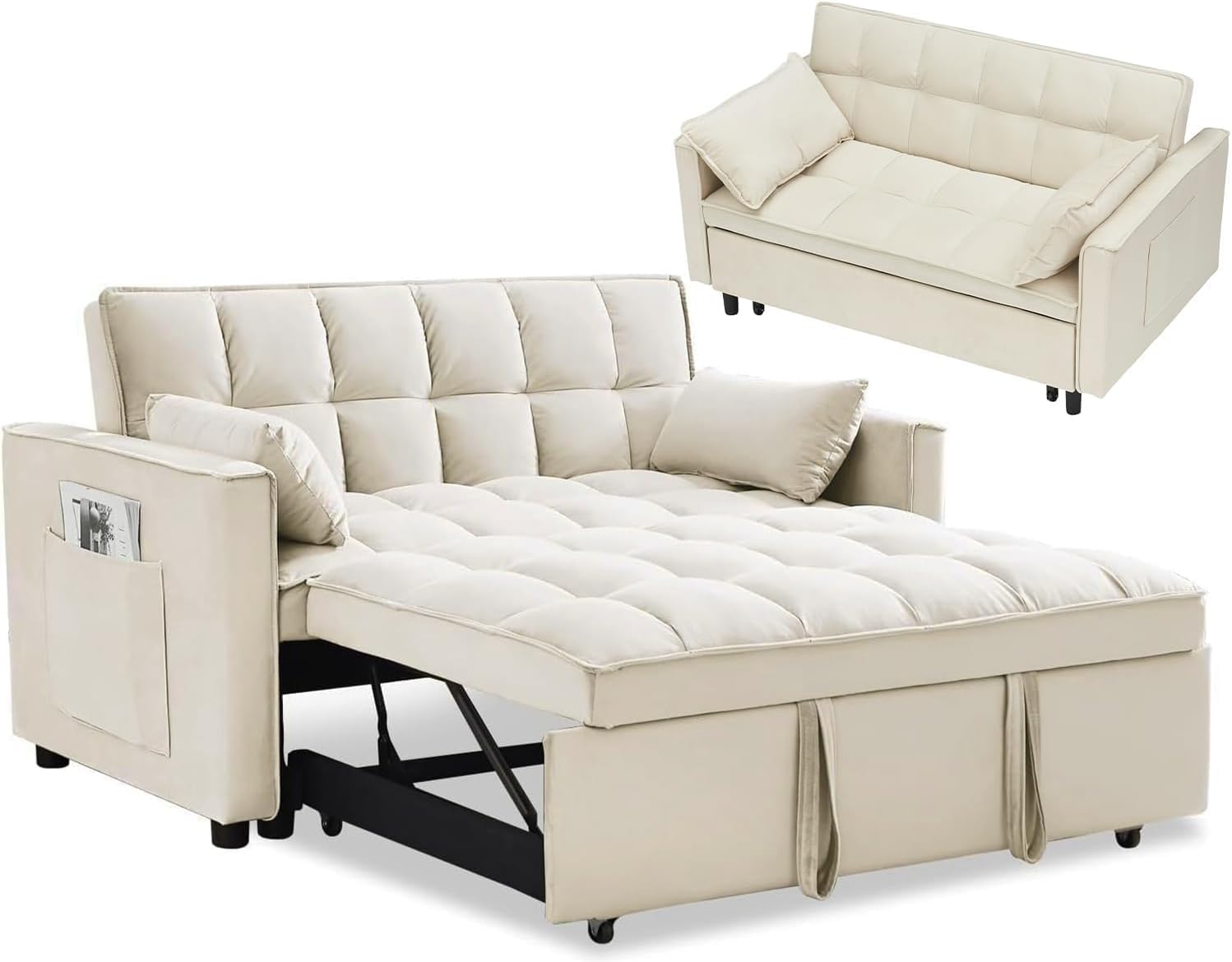 3 in 1 Sleeper Sofa Couch Bed, Velvet Convertible Sofa Bed with Armrests, Storage Pockets & 2 Pillows