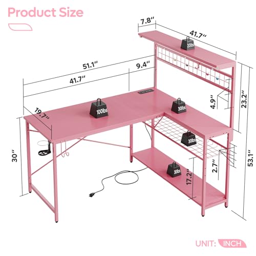 Bestier 42 L Gaming Desk,Computer Desk with Power Outlets, LED Lights, Reversible Corner Desk with 4-Tier Shelves,Cup Holder & Hook Carbon Fiber Black