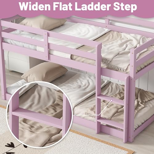 Bunk Bed Twin Over Twin, Wood Low Profile Floor Twin Bunk Beds with Ladder Guardrails for Kids Boys and Girls, No Box Spring Needed