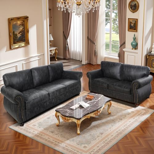 Mid-Century Vintage Sofa Couches with Rivet Design,3-Seater Sofa,Removable Sofa Cover Upholstered Cushions and Solid Wood Frame (Brown, 3-Seater)