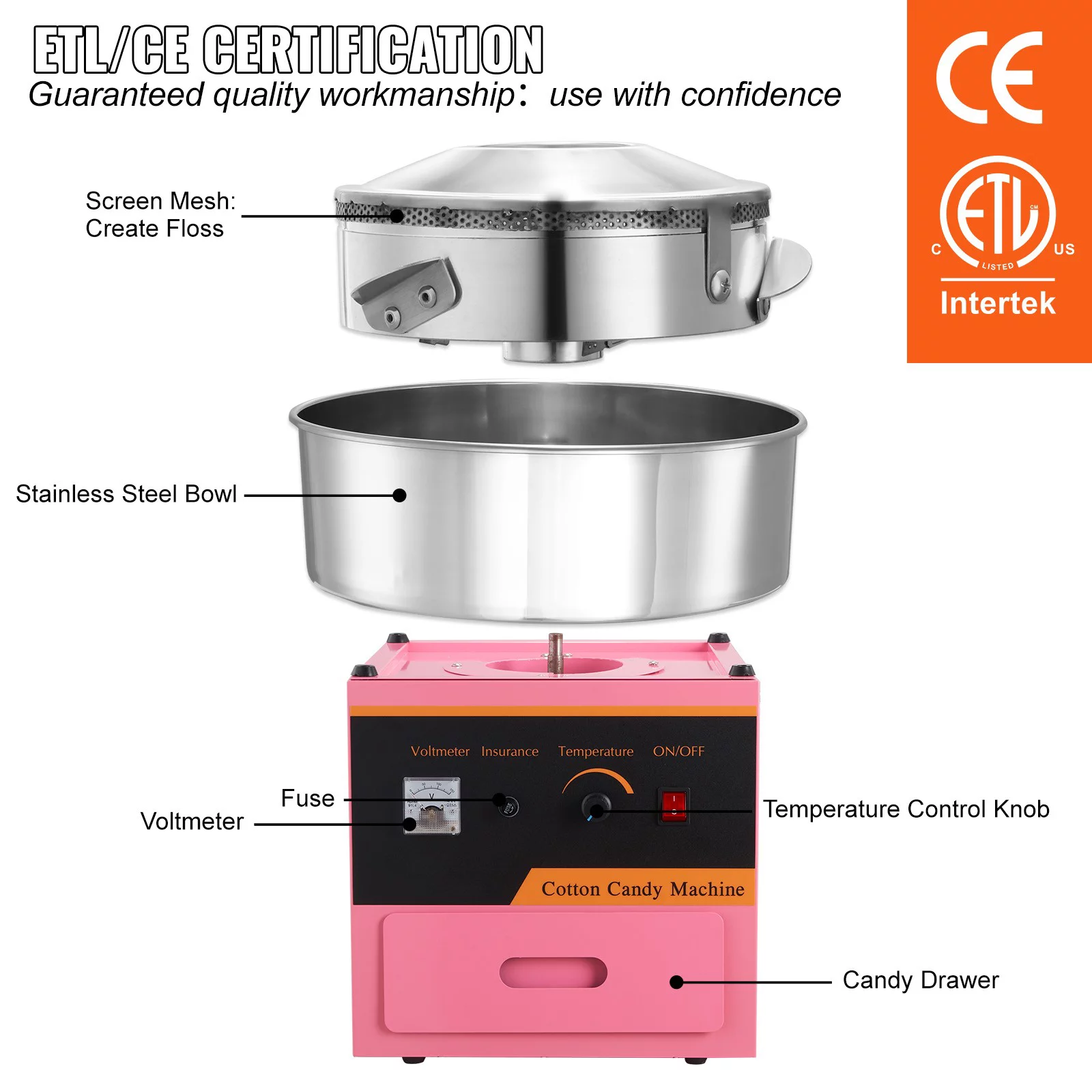 BENTISM Cotton Candy Machine Maker 21 Inch Stainless Steel Bowl