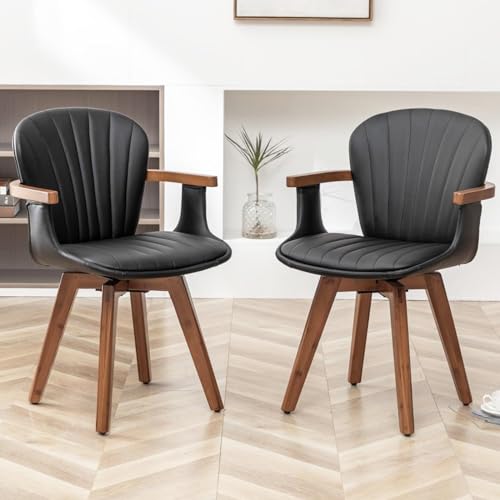LUNLING Swivel Dining Chairs Set of 2, Mid Century Modern Gray Fabric+Faux Leather Kitchen Chairs with Arms,Bamboo Legs Side Chairs No Wheels