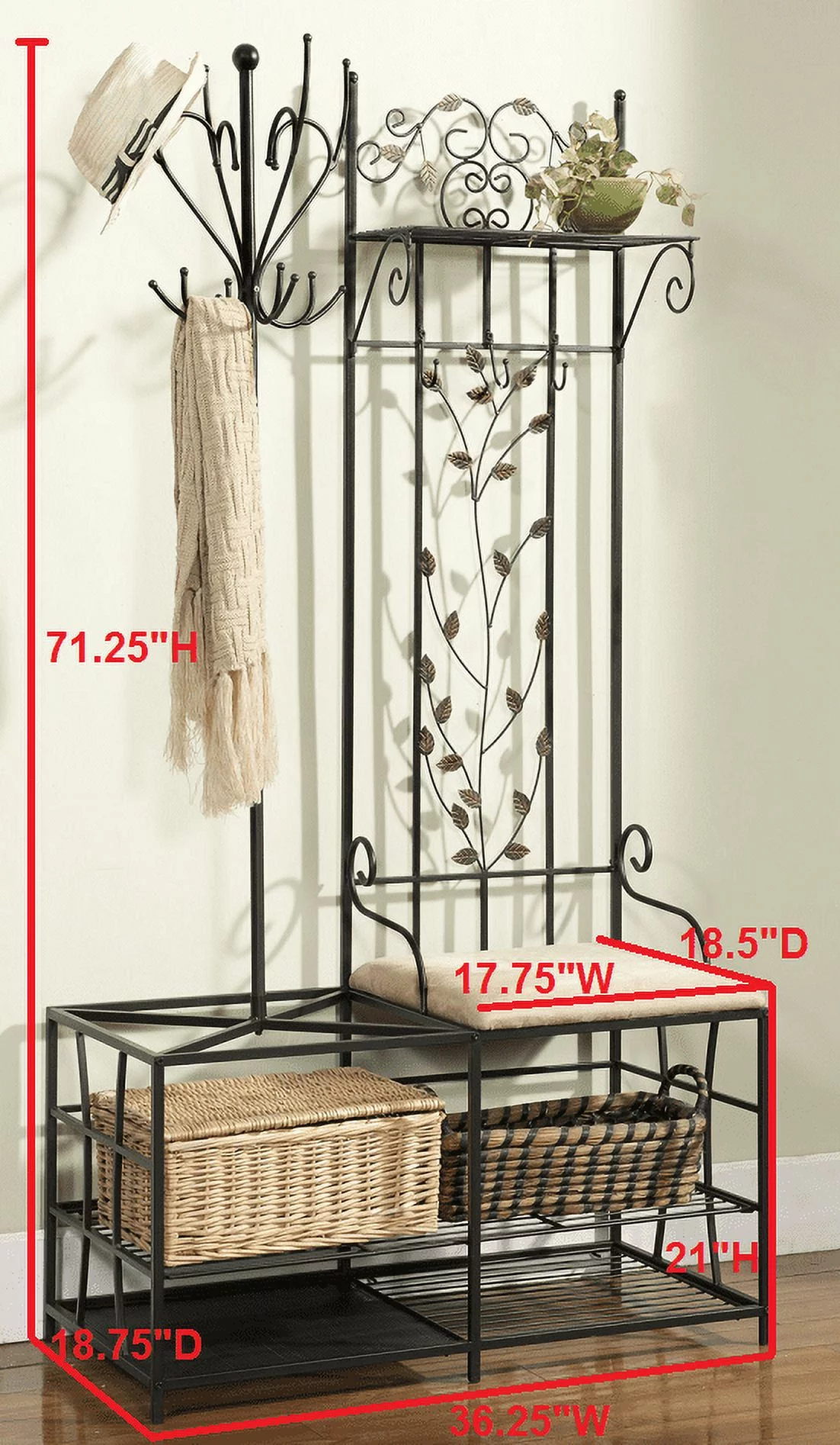 Baylen Black Metal Entryway Coat & Hat Rack, Bench & Umbrella Stand, 12 Hooks