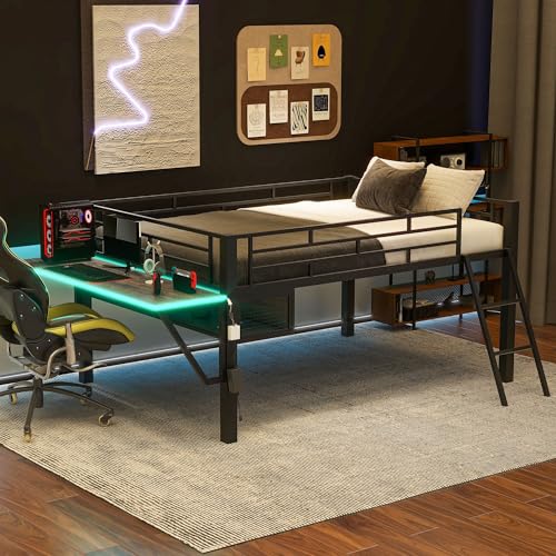 Gaming Bed with Desk,Wardrobe,Ample Storage Space,and RGB LED Light, Full Size Wood Loft Bed for Kids Bedroom (Cloud Blue/K)