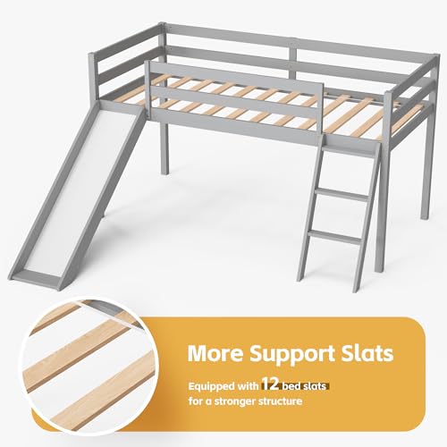 OLEAD Low Bunk Bed with Slide, Floor Loft Bed with Climbing Ladder, Wood Twin Bunk Bed Frame with Full Guardrails & Storage Space for Kids Toddler