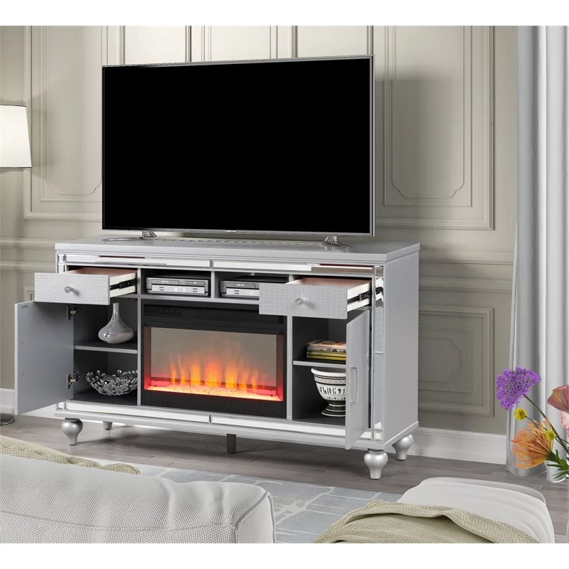 Galaxy Home Furnishings Sterling Solid Wood TV Stand With Electric Fireplace in Silver