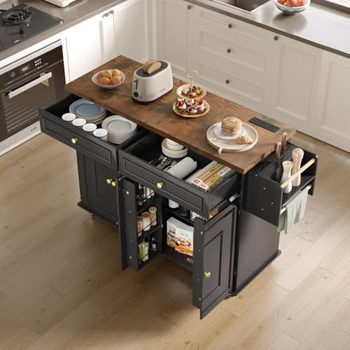 58" Mobile Kitchen Island, Kitchen Island Cart with Power Outlet, Island Table for Kitchen, Home Bar Carts with Storage