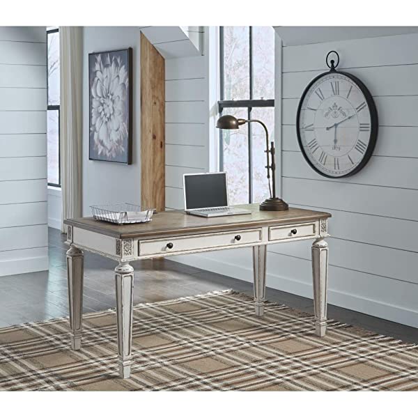 Signature Design by Ashley Realyn Farmhouse 60" Home Office Desk with USB Charging, Chipped White