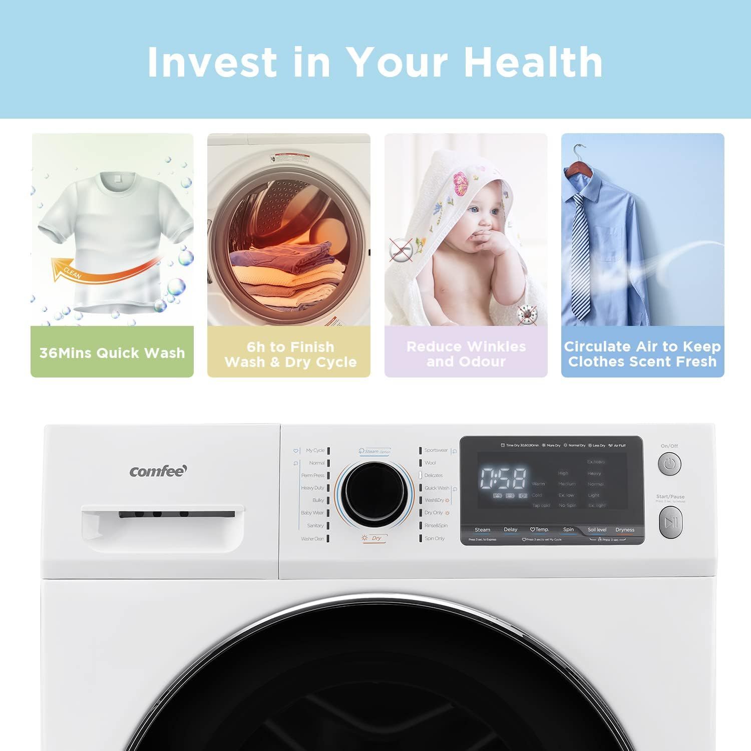 COMFEE&rsquo; 24" Washer and Dryer Combo 2.7 cu.ft 26lbs Washing Machine Steam Care, Overnight Dry