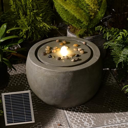 Garden Water Fountain Outdoor Large Round Bubbler Water Feature Indoor with Lights & Pump and Pebbles Concrete Effect for Patio Pool Pond Yard Home