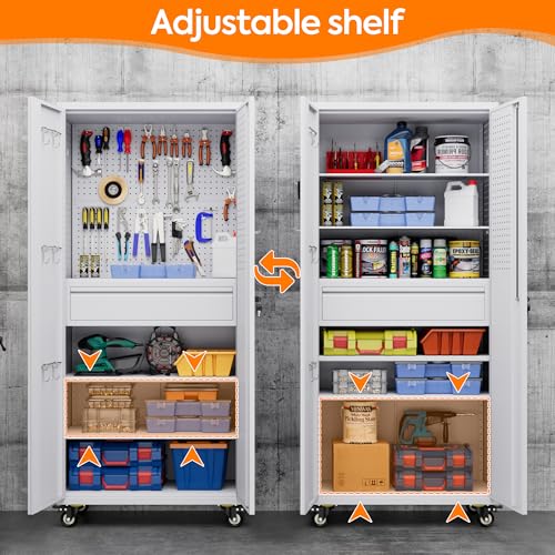 Aobabo 71" H×32" W×16" D Metal Storage Cabinet with Wheels, Garage Steel Storage Cabinet with 5 Adjustable Shelves and 4 Hooks for Home Office