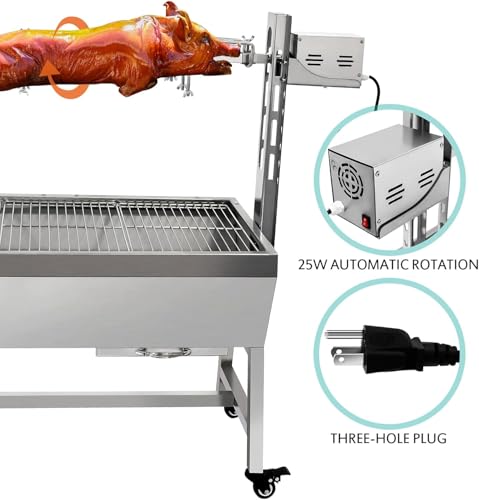 Portable BBQ Whole Pig, Lamb, Goat Charcoal Spit Rotisserie Roaster Grill, 25 Watt Motor, Stainless Steel, With Back Cover Guard,with Baffle