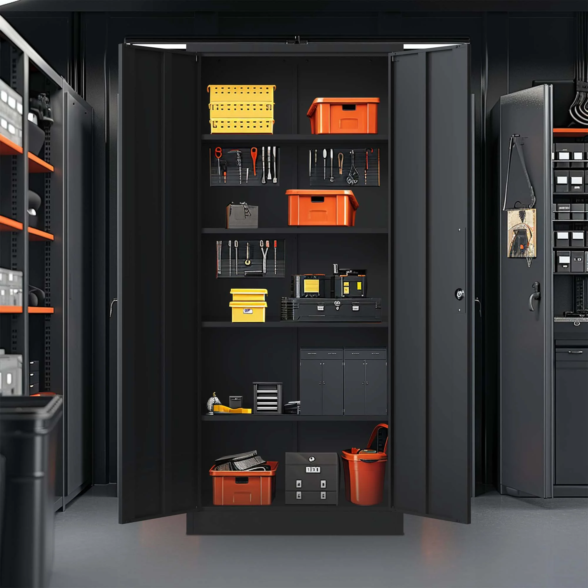72"H Metal Garage Storage Cabinet, Black Tool Steel Locking Cabinet with Doors and 4 Shelves