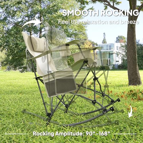 Outsunny Folding Rocking Camping Chairs for Adults, Portable Outdoor Rocking Chairs with Headrest, Cooler Bag, Cup Holder