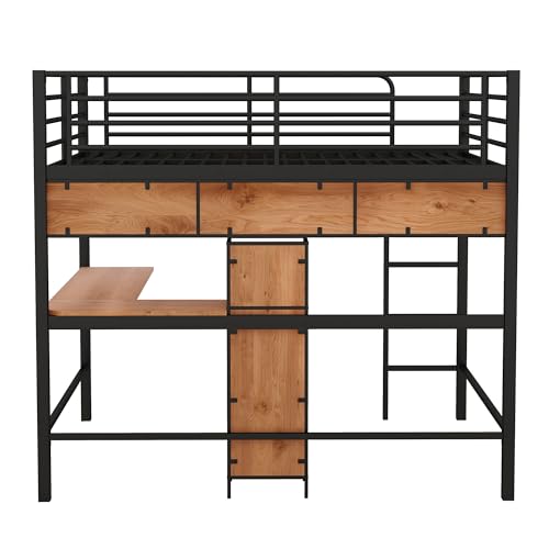 Harper & Bright Designs Twin Size Metal Loft Bed with Desk, Ladder and Guardrails, for Kids Teens Adults – Silver