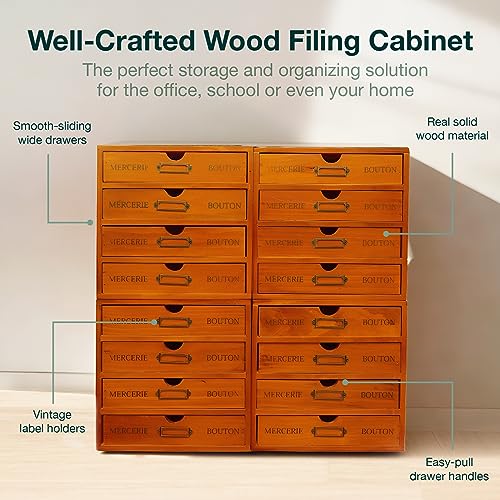 16-Drawer Wooden Storage Box (19.6”x6.89”x19.6”) VIntage Filing Cabinet in Walnut Wood - 16-Slot Wooden Desk Drawer Unit w/Label Holders & Handles