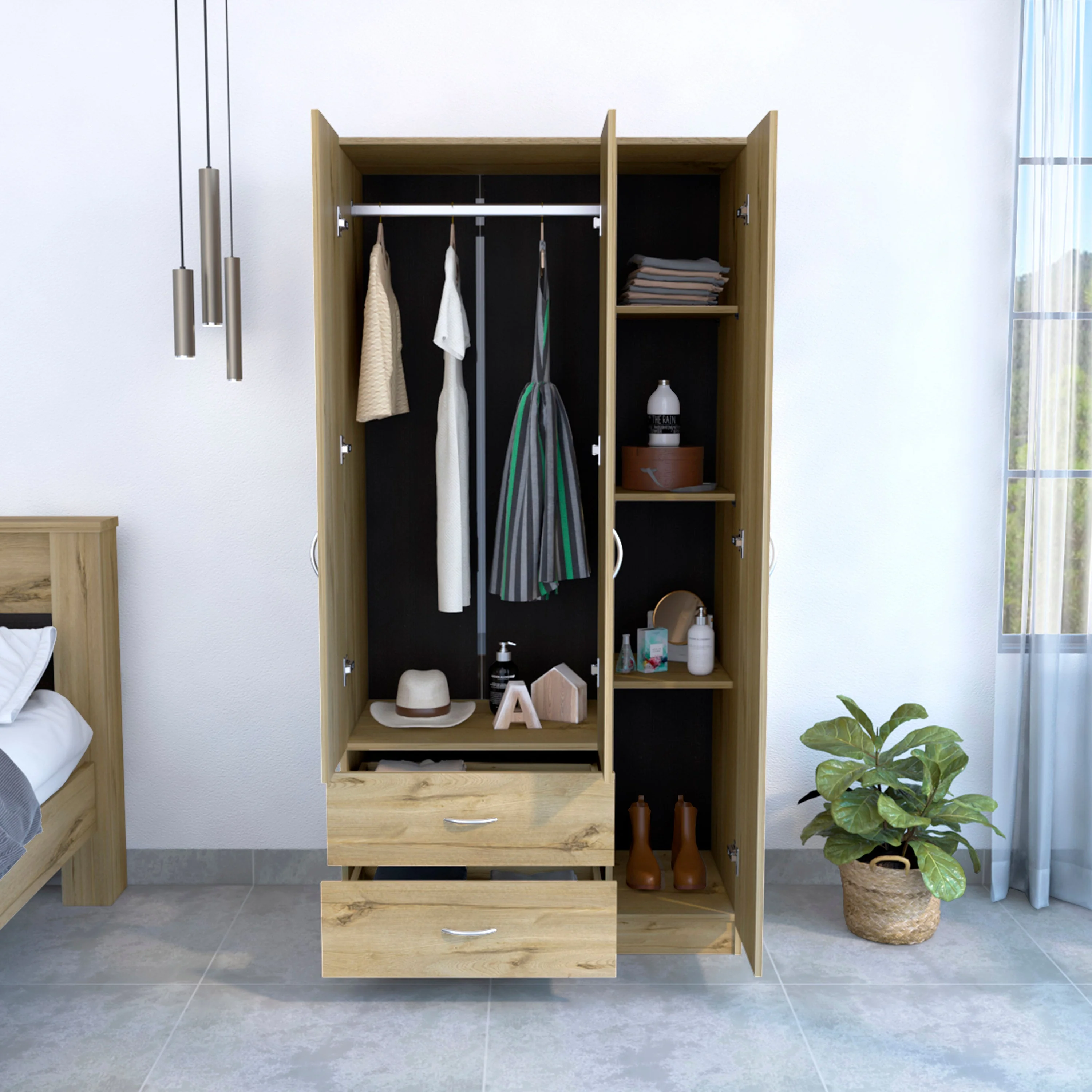 Boahaus Dortmund Modern Beige Bedroom Armoire, 3 Swing Opening Doors, Manufactured Wood