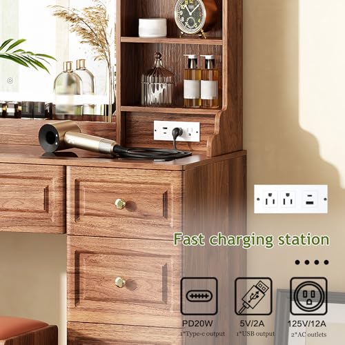 43" Makeup Vanity Desk with Mirror and Lights, & Power Outl, Glass Top Big Vanity Table with 9 Drawers& 8 Storage Shelves