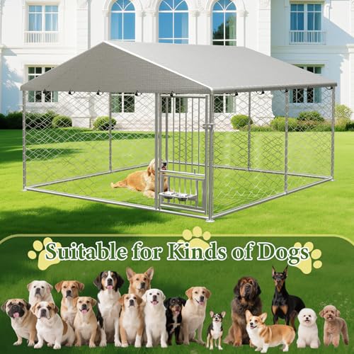 10X10FT Outdoor Large Dog Kennel, Heavy Duty Dog Cage for Large Dogs, Durable Dog House Enclosure with Roof and Rotating Feeder Bowls