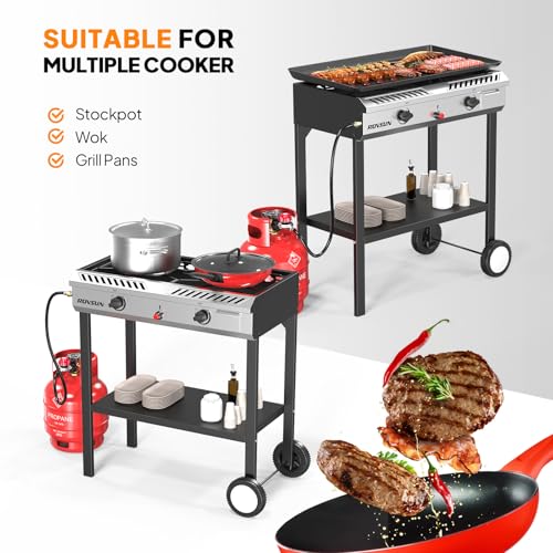 ROVSUN 2 Burner Outdoor Propane Gas Stove with Auto-ignition, Regulator & Shelf, 150