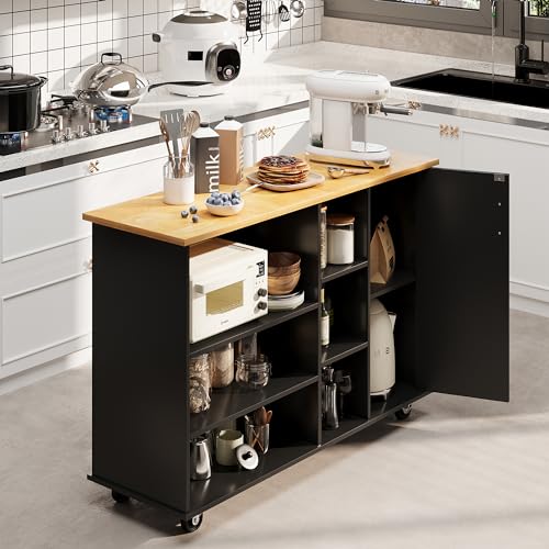 Shintenchi Rolling Kitchen Island Cart with Folding Drop Leaf Breakfast Bar, Portable Trolley Island with Large Storage Cabinet, Shelf and Drawer