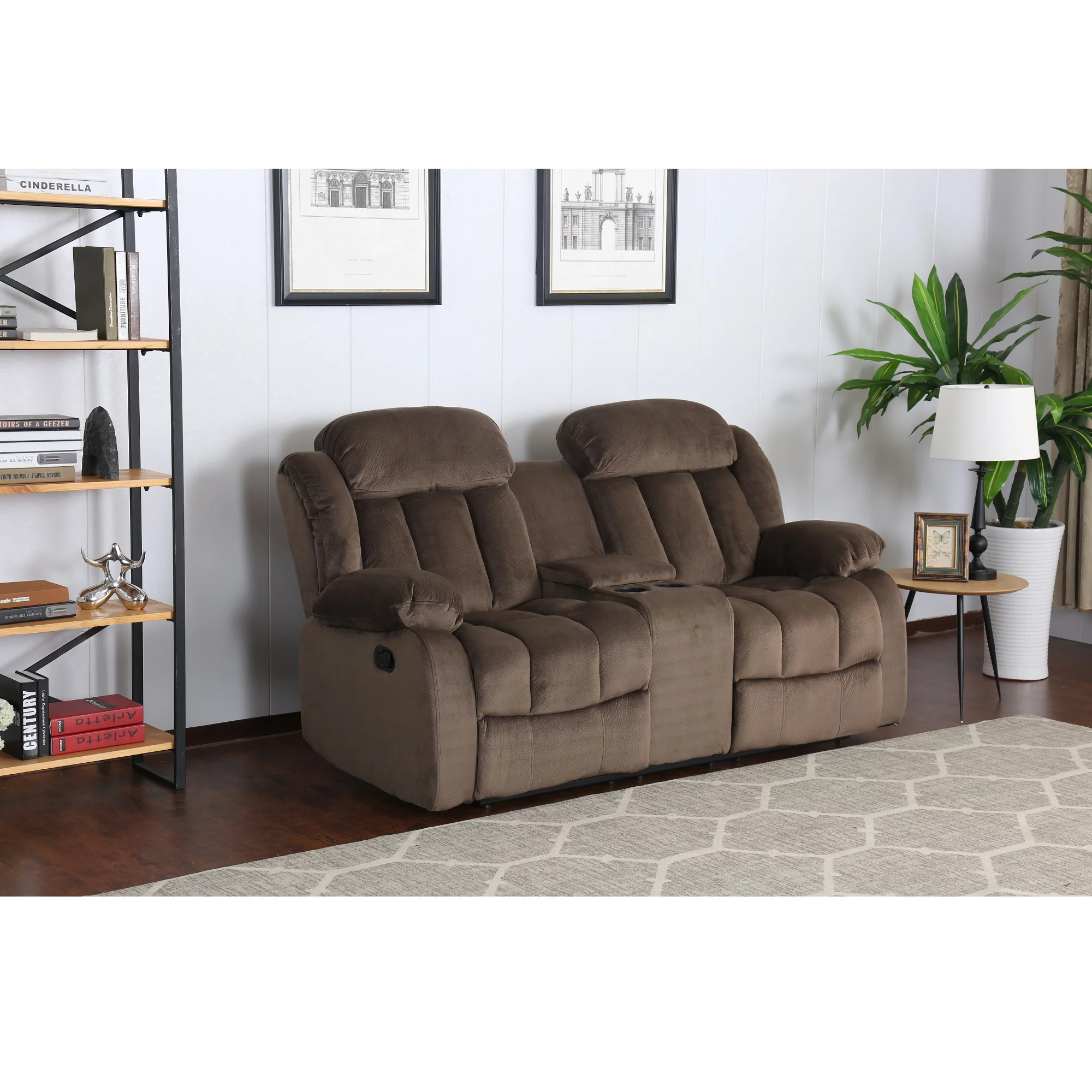 The Hamptons Collection 78” Brown Teddy Bear Microsuede Fabric Reclining Loveseat with Console