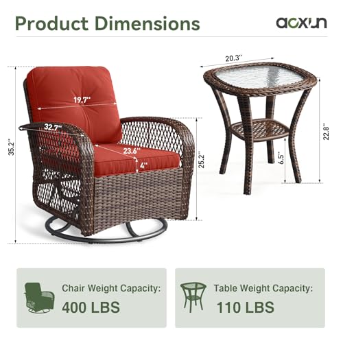 Aoxun 3 Pieces Patio Furniture Set, Patio Swivel Rocker Chairs Set of 2, Wicker Outdoor Bistro Set with Rocking Chair