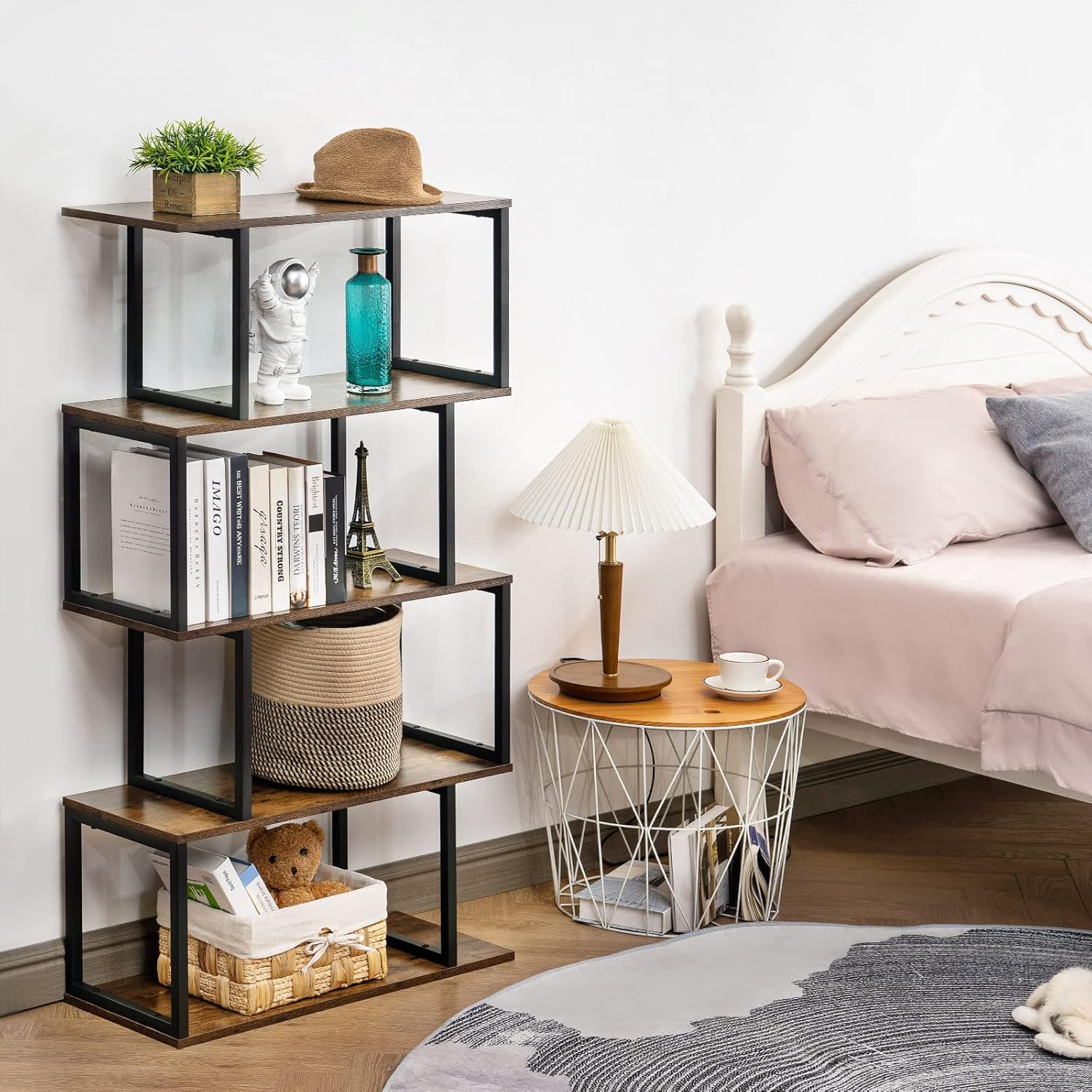 Apicizon Industrial Bookshelves Wooden Bookcase, 2-Tier Bookshelf, S-Shaped Bookshelf Modern Bookshelf
