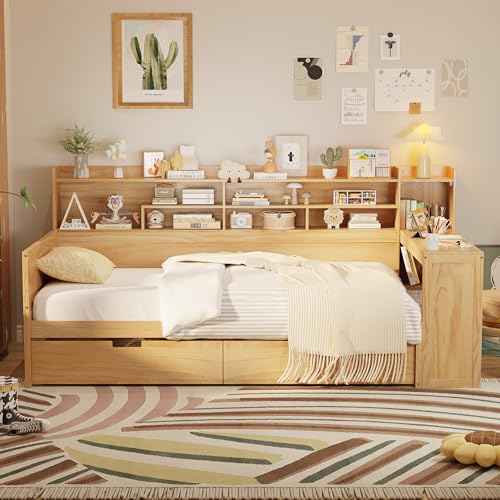 Corner Twin Bed Frame with Bookcase Storage and Desk, Wood Day Beds with 2 Drawers, Twin Size Daybed with Storage for Living Room