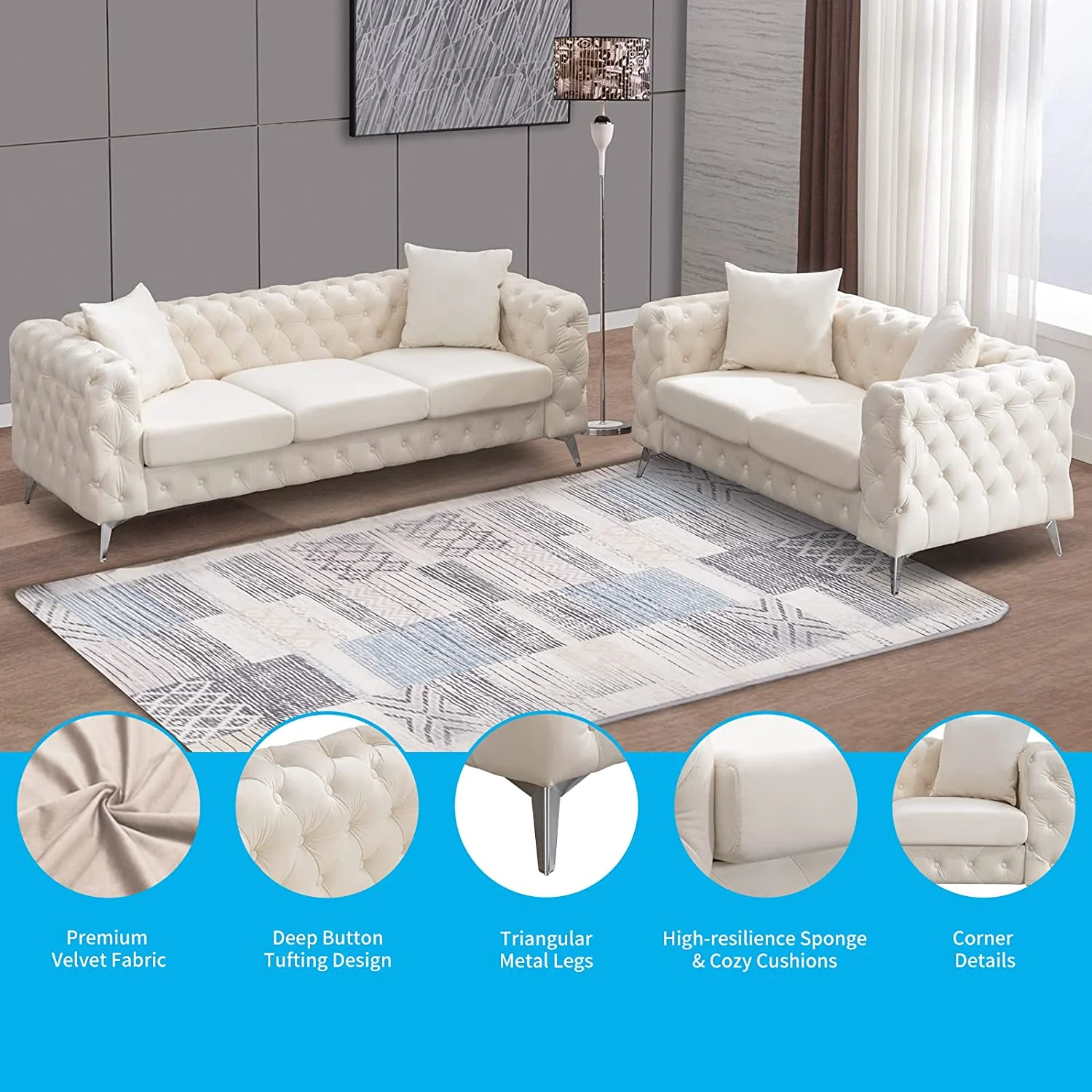 Mjkone Sofa Couches Set for Living Room, Modern 2 Pieces Sofa Set with Deep Button Tufted