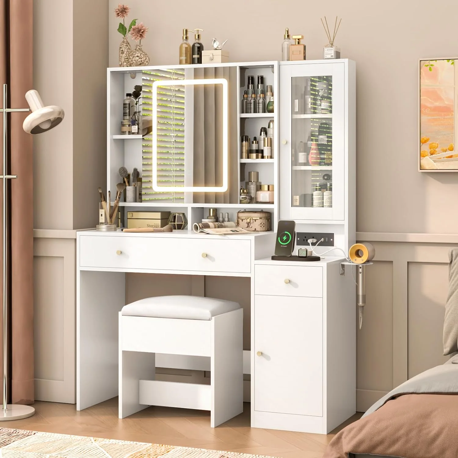 White Vanity Desk with Sliding Mirror & Lights, Vanity Table Makeup Desk with Charging Station 2 Drawers 2 Doors, Lots of Storage Shelves