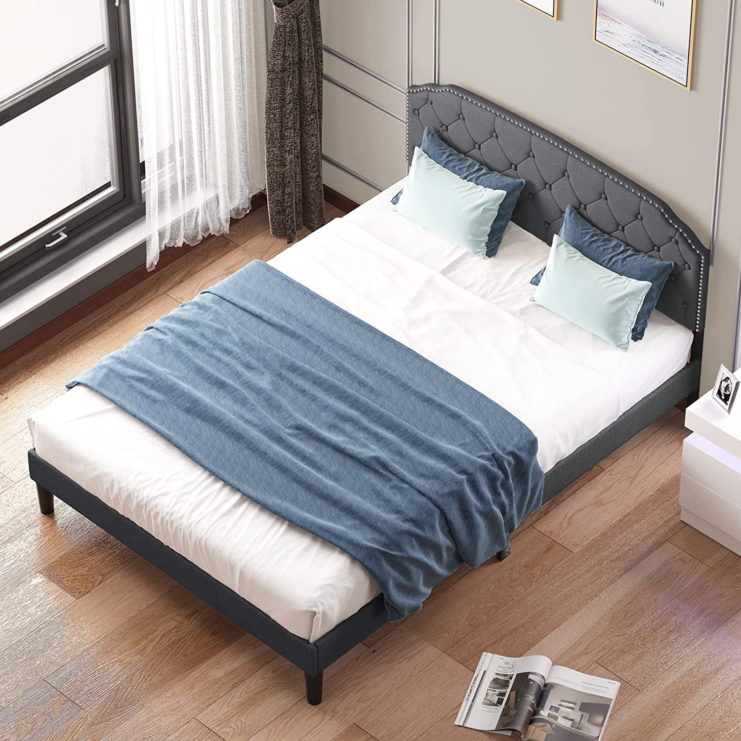 Mjkone Queen Size Platform Bed Frame with Diamond Button Tufted Upholstered Headboard,Stylish Modern Soft Bed Frame with Sturdy Wood Slat Support