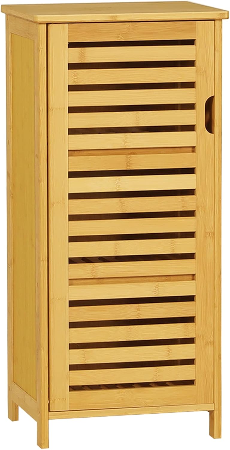 VIAGDO Bathroom Storage Cabinet Freestanding Narrow Bamboo Cabinet for Small Spaces, Wood Bathroom Floor Cabinet with Shutter Doors and 2 Shelves
