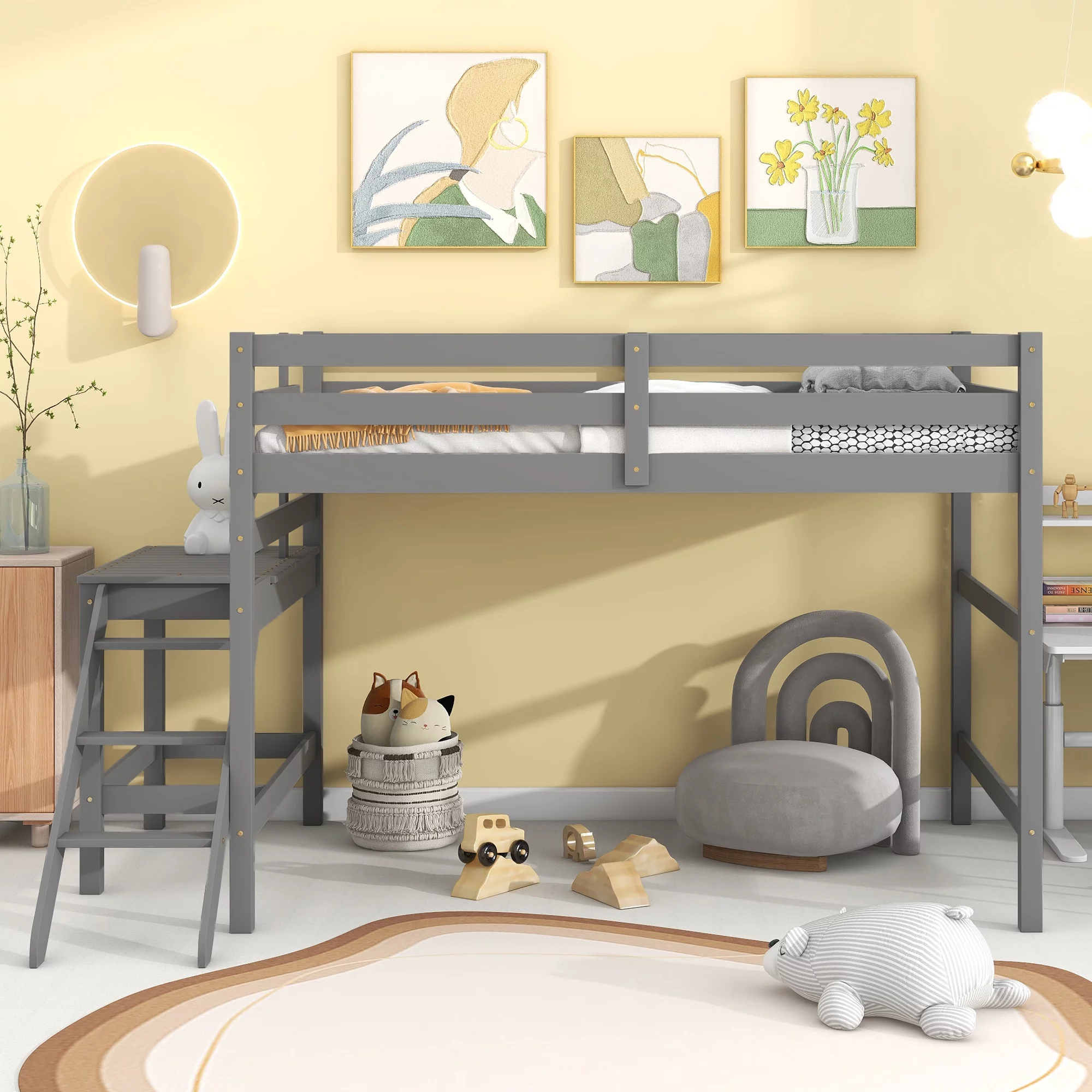 Bellemave Full Wood Loft Bed with Full-length Safety Rail and Ladder, Space-Saving Bedroom Low Loft Bed for Kids (Gray)