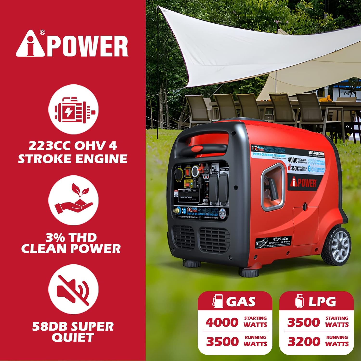A-iPower SUA4000iED 4000 Watt Portable Inverter Generator Gas & Propane Powered, Small with Electric Start RV Ready for Camping, Tailgate