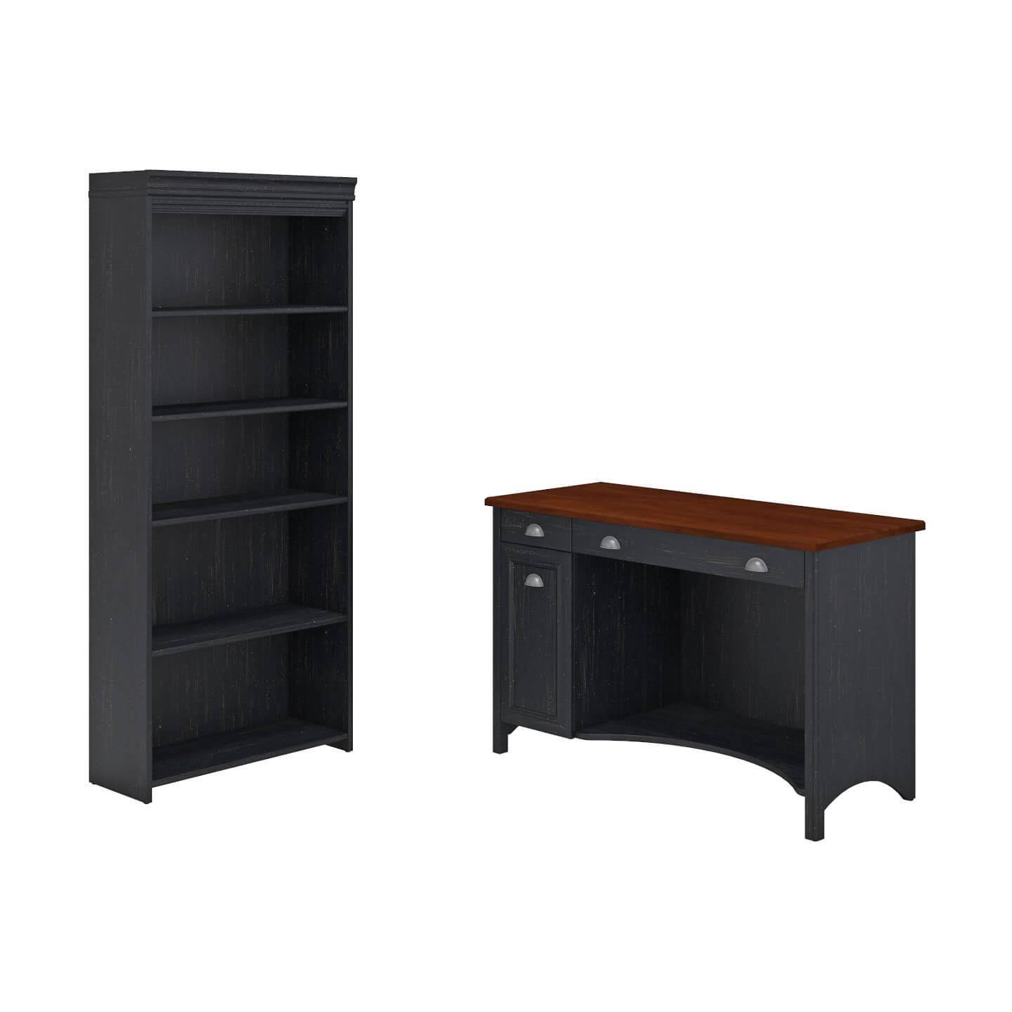 Stanford Computer Desk and 5 Shelf Bookcase in Antique Black, Bush Furniture STF005