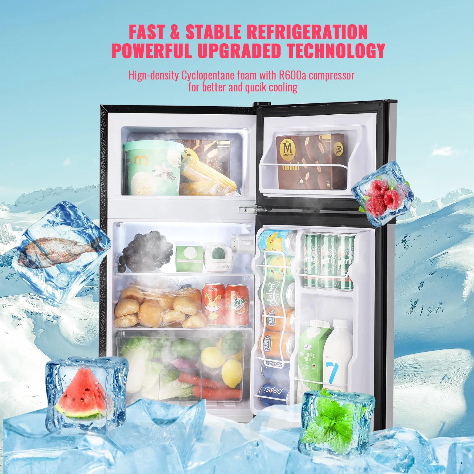 WANAI 3.5 Cu.ft Dual Door Mini Fridge with Freezer Compact Retro Refrigerator with Wire Rack Silver