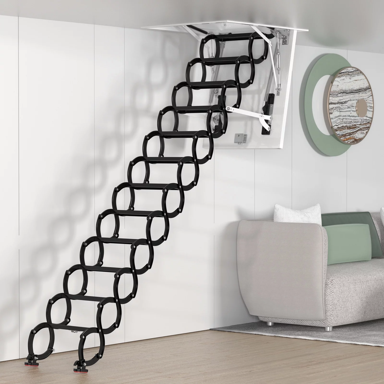 Motor Genic 12 Steps Black Loft Wall Folding Pulldown Attic Ceiling Ladder Stairs 39.4*27.6"