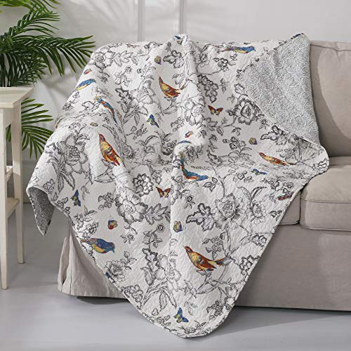 Levtex Home - Mockingbird Quilt Set - Full/Queen Quilt 88x92in. + Two Standard Pillow Shams 26x20in. - Grey Toile with Birds and Butterflies