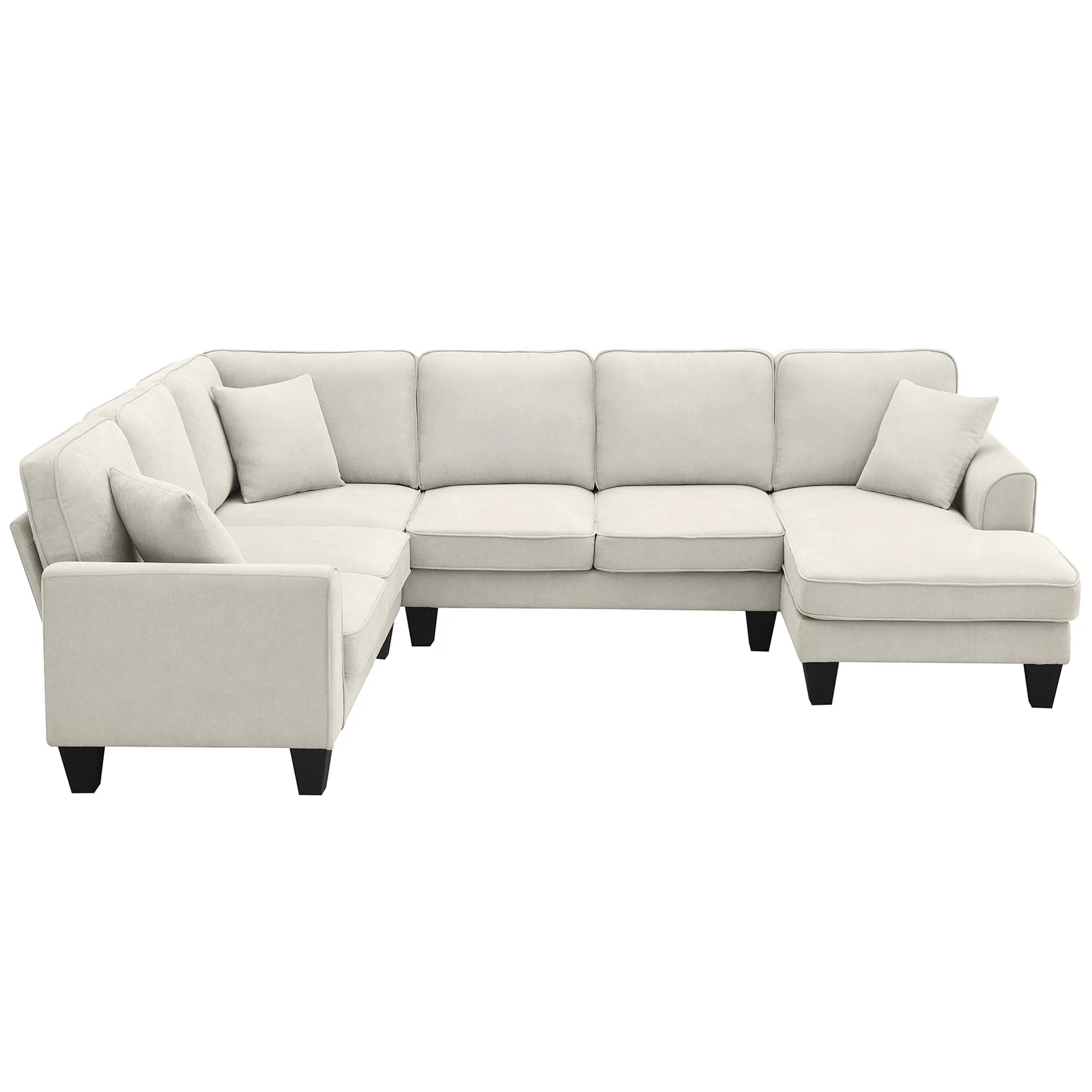 U-Shaped Sectional Couch with Chaise, Modern Upholstered Couch, 7-Seater Sectional Couch with 3 Pillows and Plastic Legs, Heavy Duty Sofa Furniture