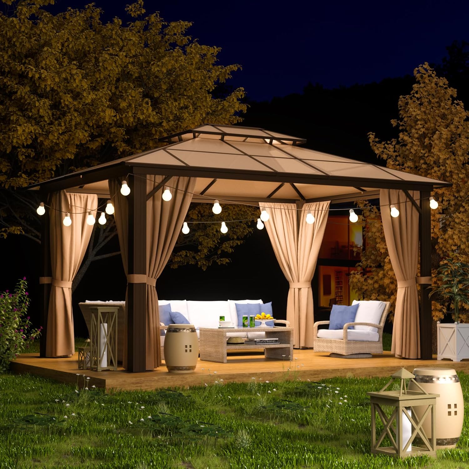 Aoxun 10x12FT Hardtop Gazebo, Aluminum Frame Permanent Pavilion with Curtains and Netting, Outdoor Polycarbonate Gazebo, Double Roof Canopy