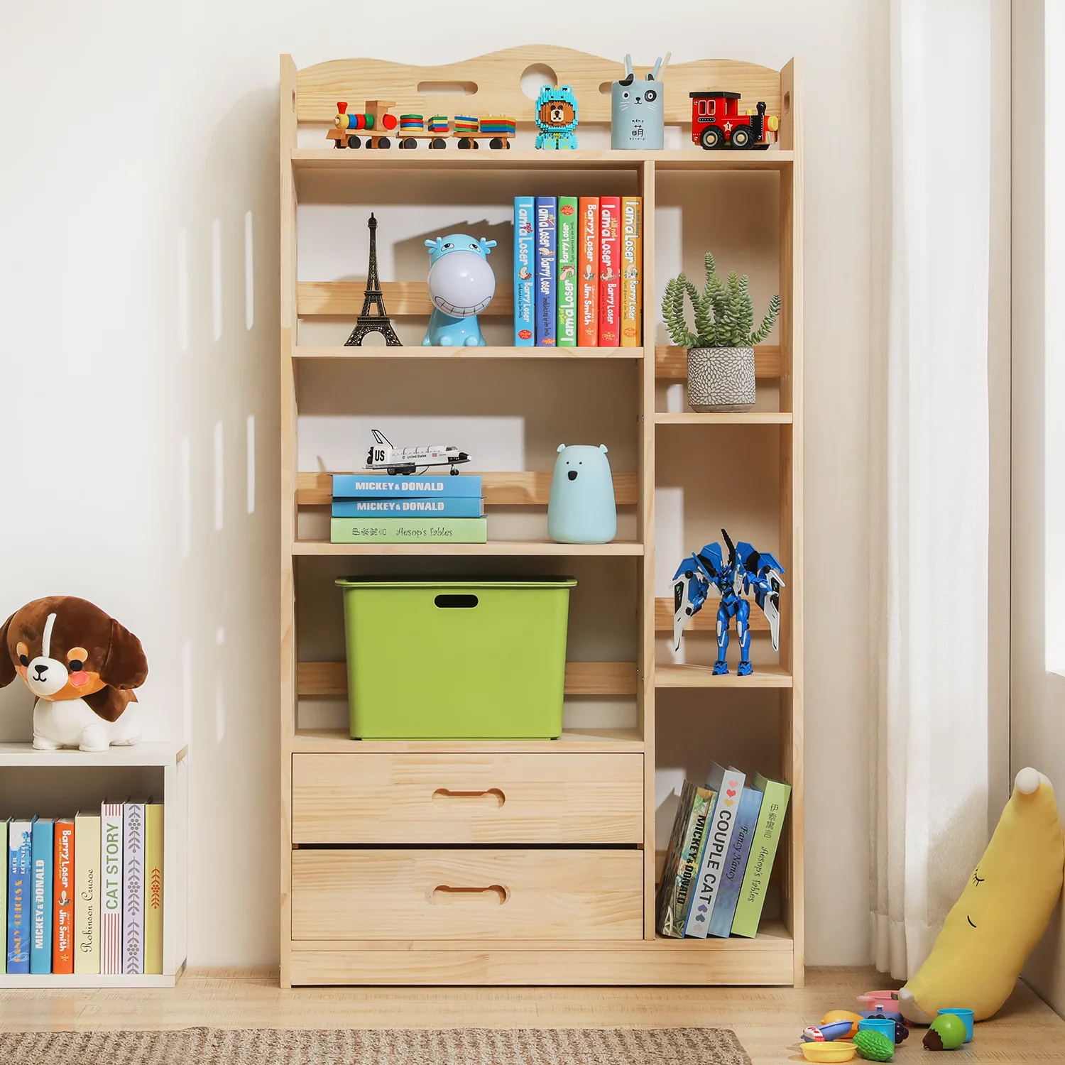 MoNiBloom Wood 5 Tiers 2 Drawers Bookcase, Display Storage Bookshelf, Natural, for Living Room