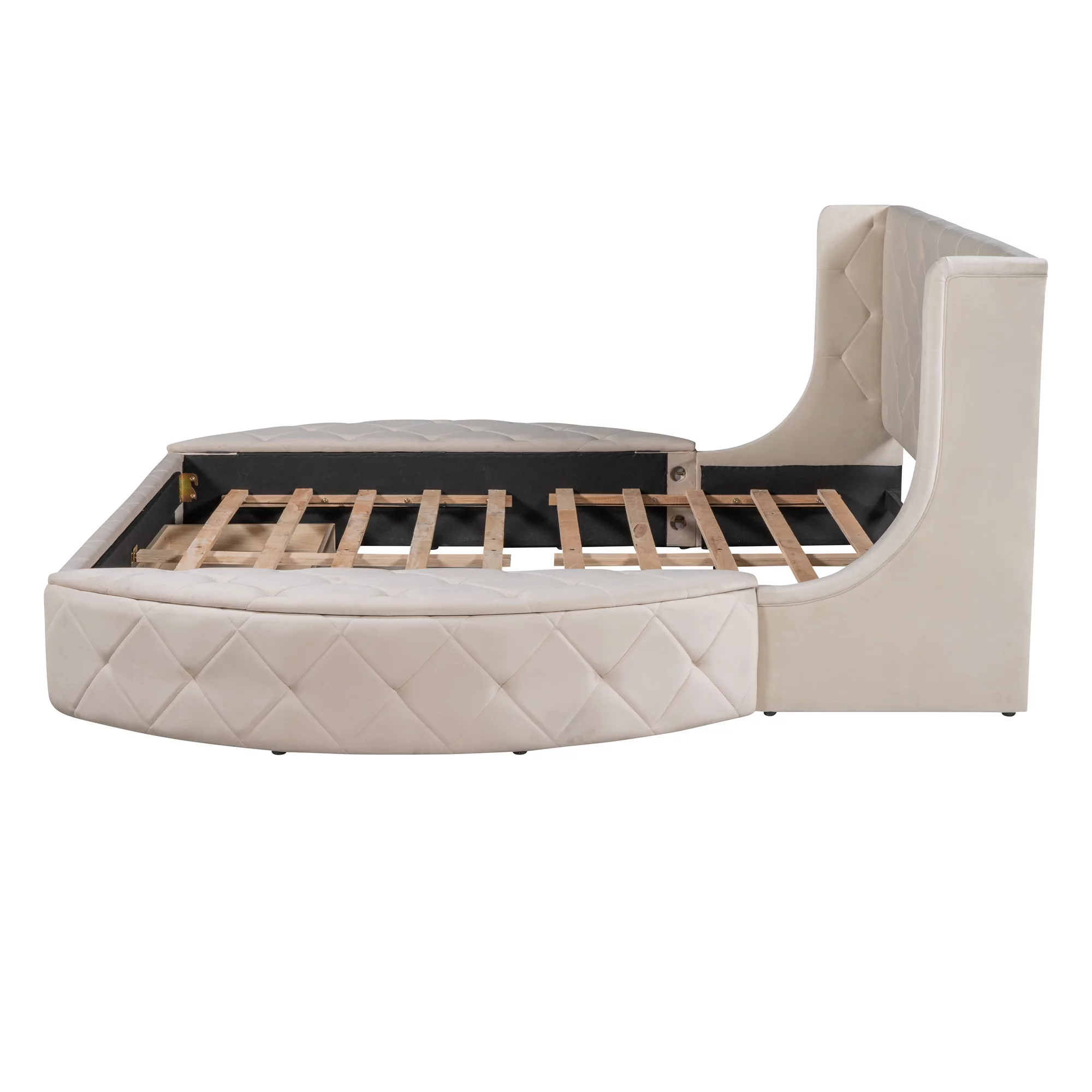 Churanty Queen Upholstered Storage Velvet Platform Bed with Wingback Headboard,Storage Platform Bed Frame with Drawer and 2Side Storage Stool,Beige