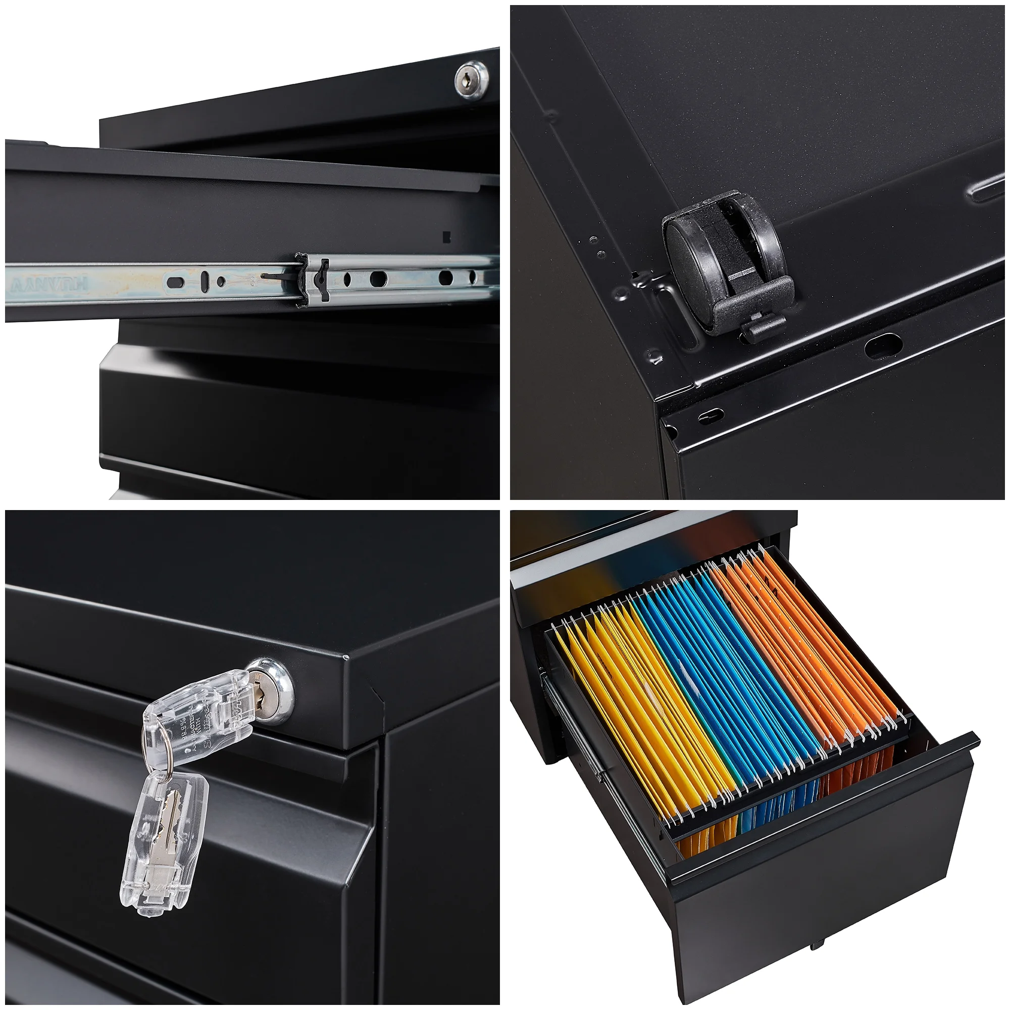 GangMei 3 Drawer Black Mobile File Cabinet with Lock, Under Desk Metal Movable Filing Cabinet, Fully Assembled