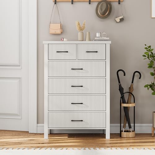 Fluted 6 Drawers Dresser for Bedroom, Tall Boho Chest of Drawers with Metal Handle, Wooden Closet Clothes Storage Organizer for Living Room