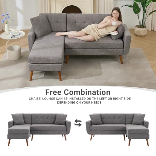 Tbfit L Shaped Couch Sofa, 80" W Mid-Century Modern Sectional Couches, 3 Seater Sofas with Wide Chaise Lounge & Two Pillows