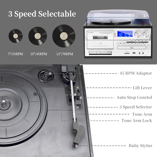 10 in 1 Record Player with External Speakers, 3 SpeedTurntable with AM/FM Radio, CD & Cassette Player, Bluetooth, USB/SD Playback, Remote Control
