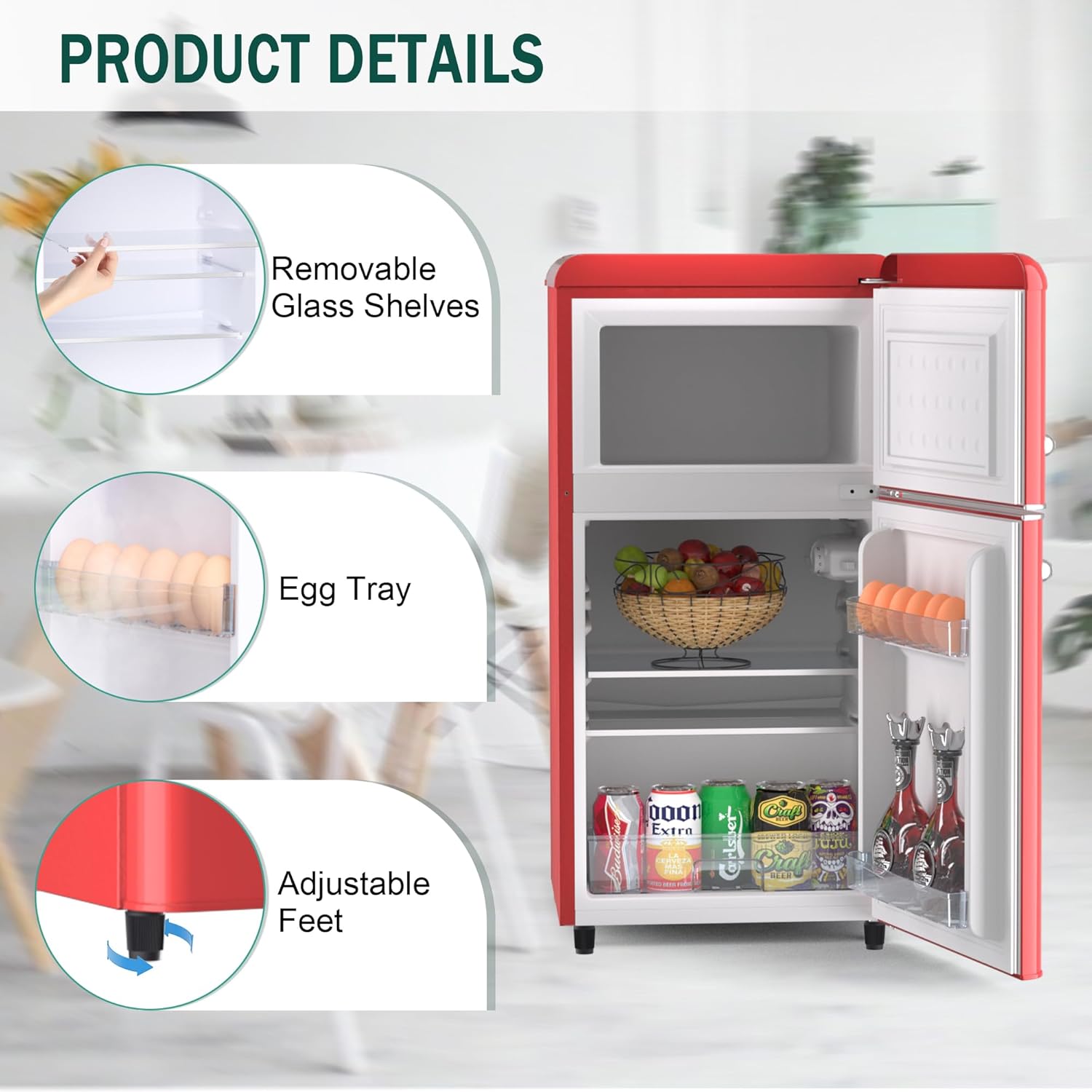 Compact Retro Fridge with Freezer for Bedroom, 4.4 Cu. Ft. Retro Mini Fridge with Separate Freezer
