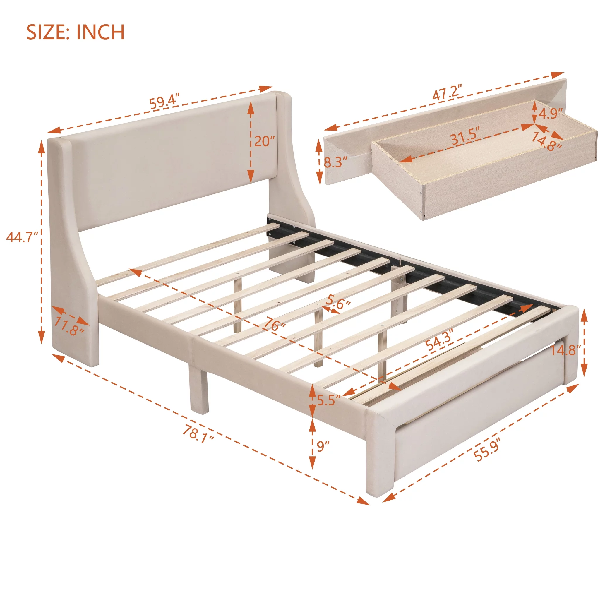 Sesslife Full Bed Frame with Storage, New Upgraded Velvet Upholstered Platform Bed with Headboard and A Big Drawer, No Box Spring Needed